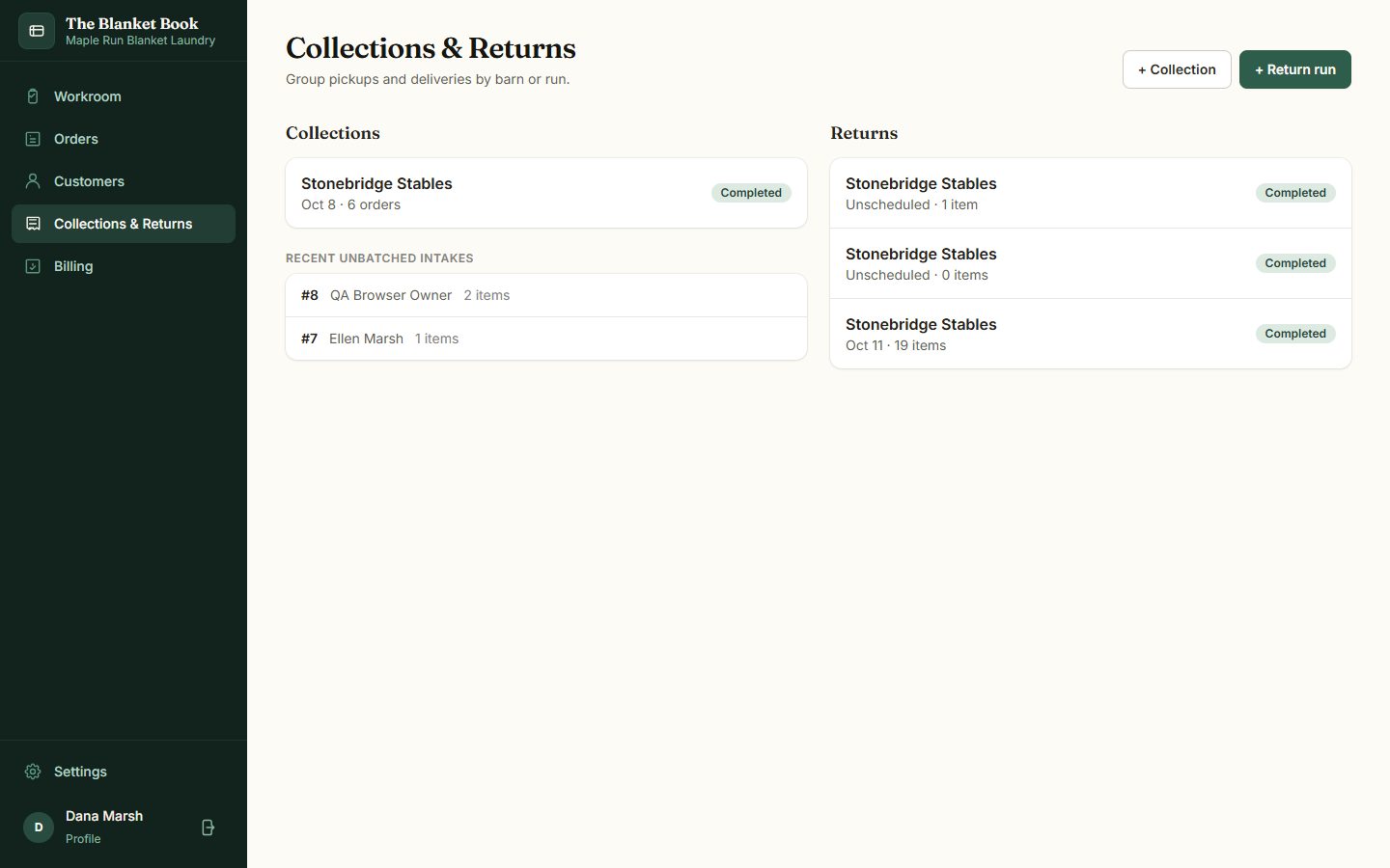 Collections and return runs grouped by barn, each marked completed
