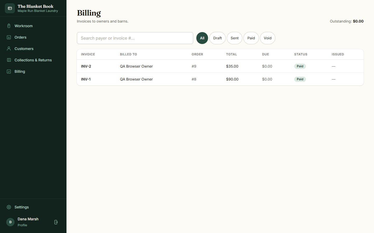 The billing view listing invoices with totals, balances due, and payment status