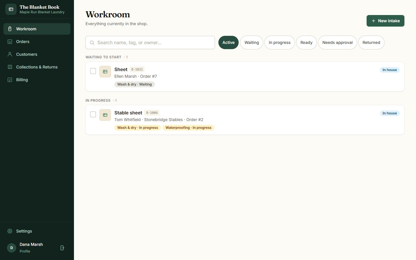 The workroom view grouping blankets by status, each showing its active services